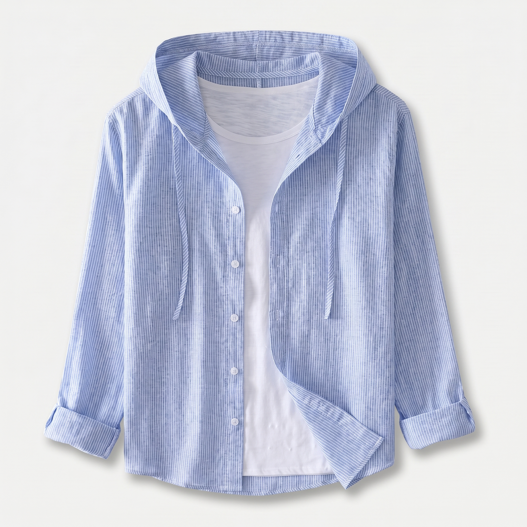 Men's Linen Hooded Button-Up Shirt with Drawstring