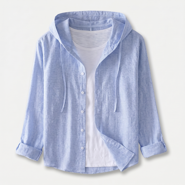 Men's Linen Hooded Button-Up Shirt with Drawstring