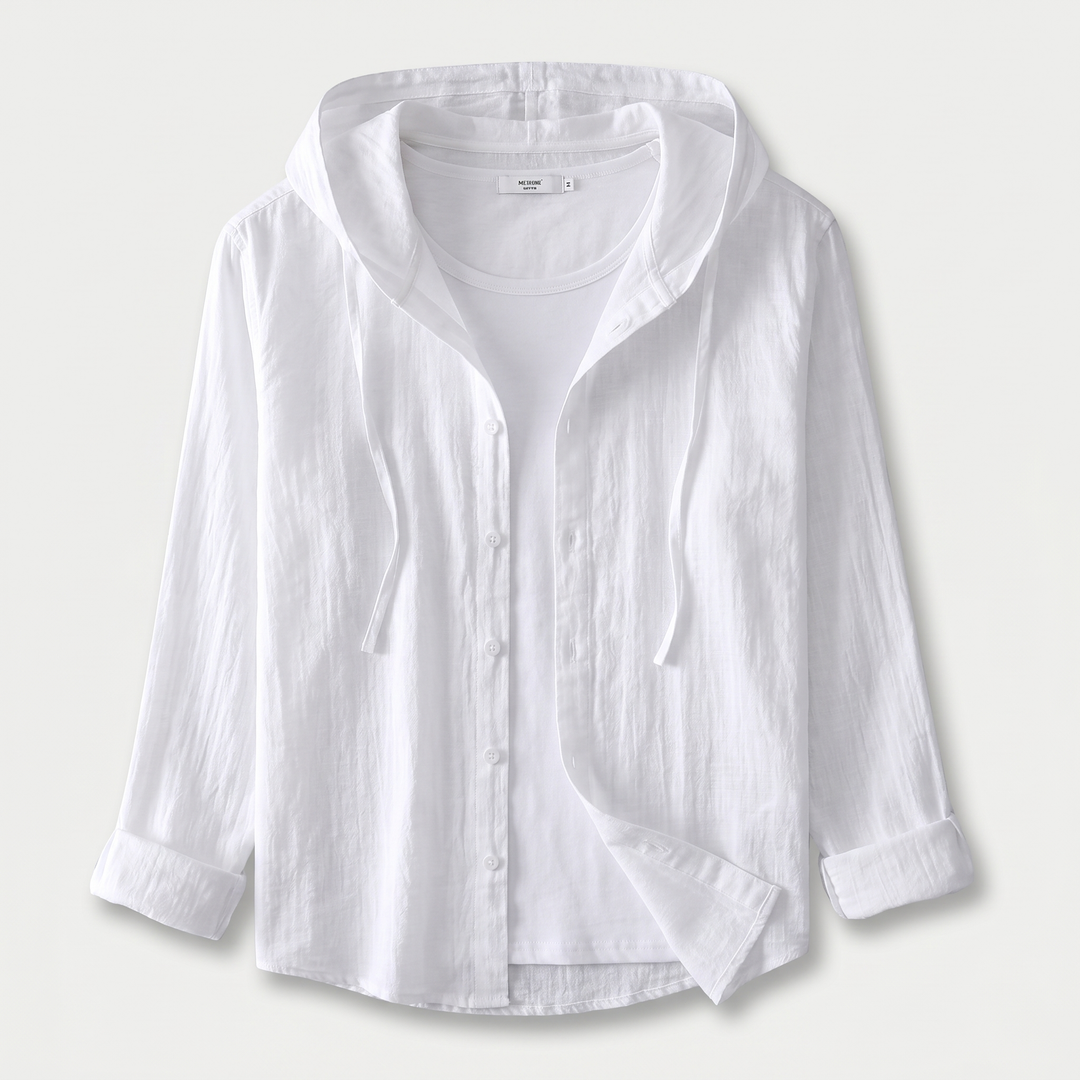 Men's Linen Hooded Button-Up Shirt with Drawstring