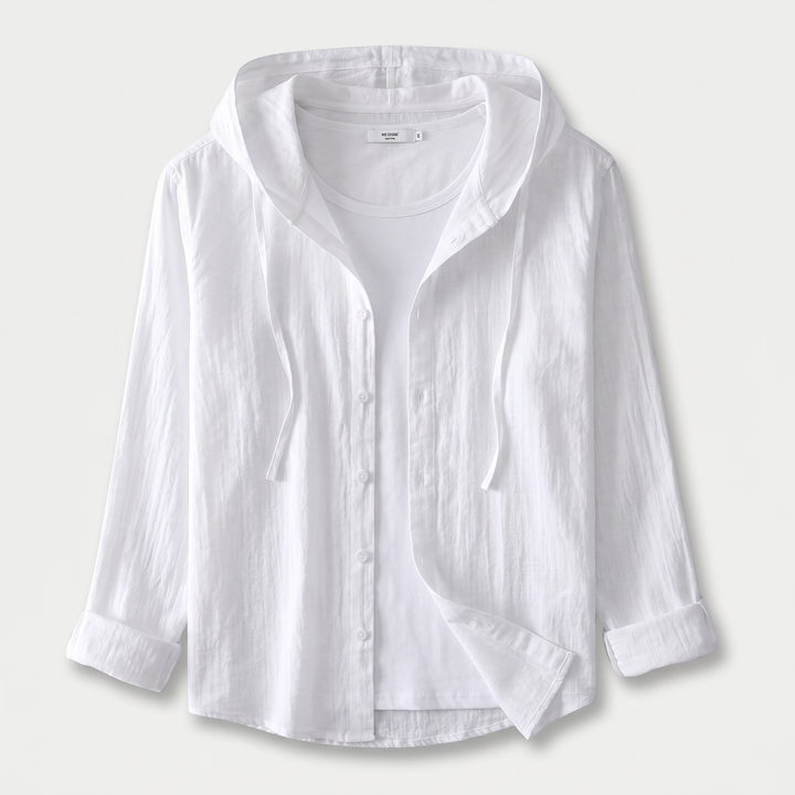 Men's Linen Hooded Button-Up Shirt with Drawstring