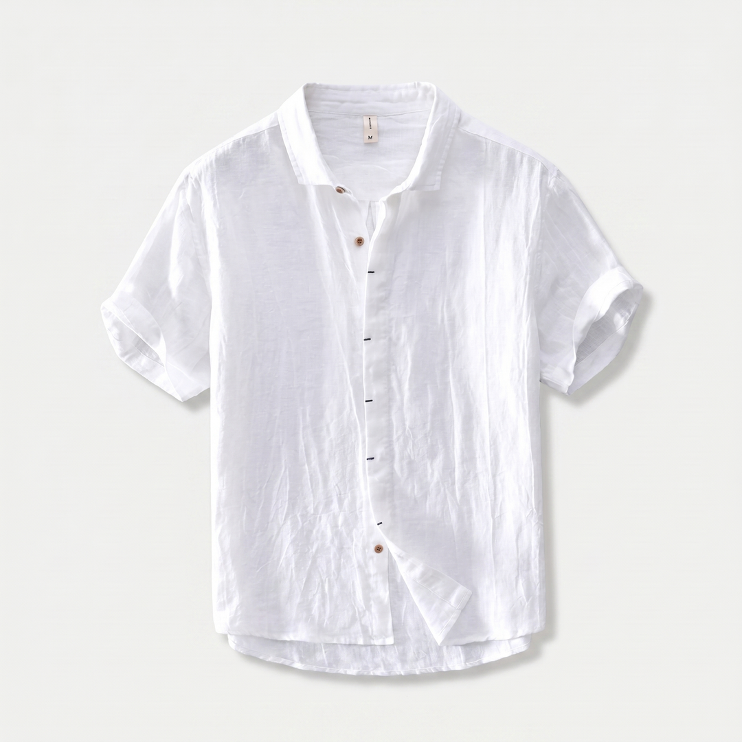 Men's Linen Short Sleeve Shirt - Curved Hem & Rolled Cuffs