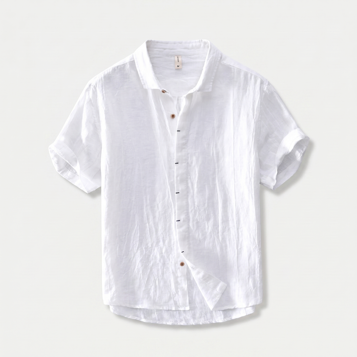 Men's Linen Short Sleeve Shirt - Curved Hem & Rolled Cuffs