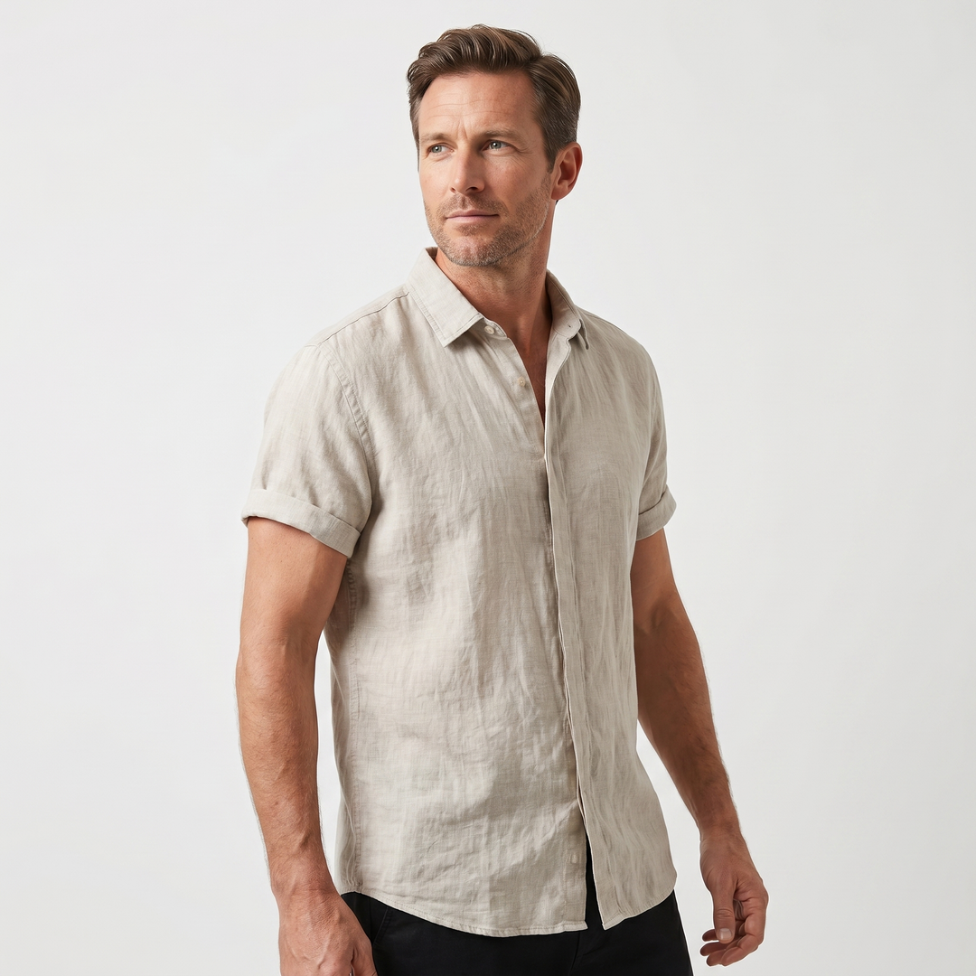 Men's Linen Short Sleeve Shirt - Curved Hem & Rolled Cuffs