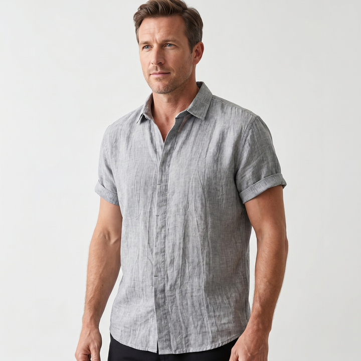 Men's Linen Short Sleeve Shirt - Curved Hem & Rolled Cuffs