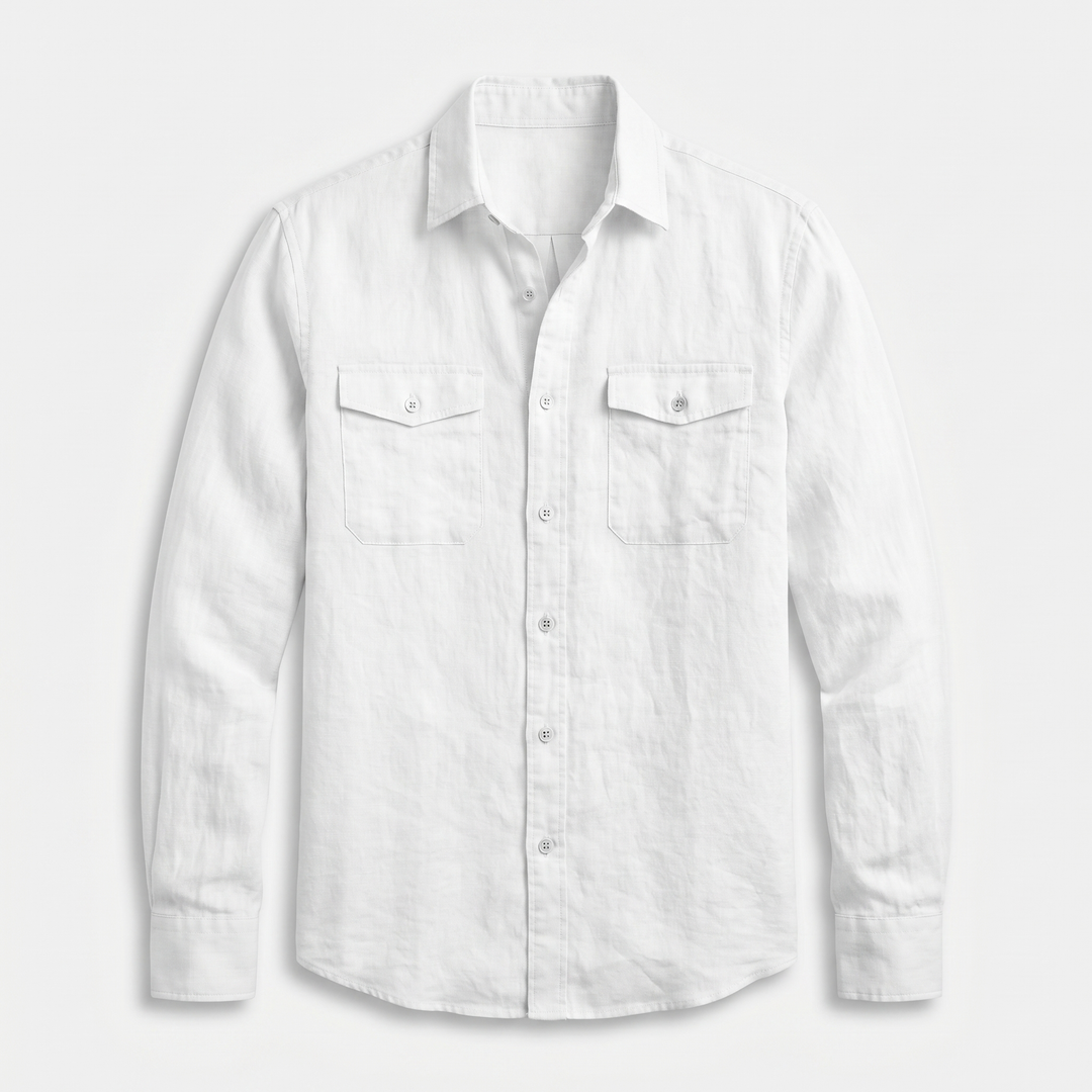 Men's Linen Spread Collar Overshirt with Chest Pockets