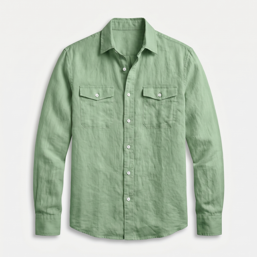Men's Linen Spread Collar Overshirt with Chest Pockets