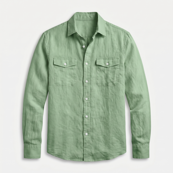 Men's Linen Spread Collar Overshirt with Chest Pockets