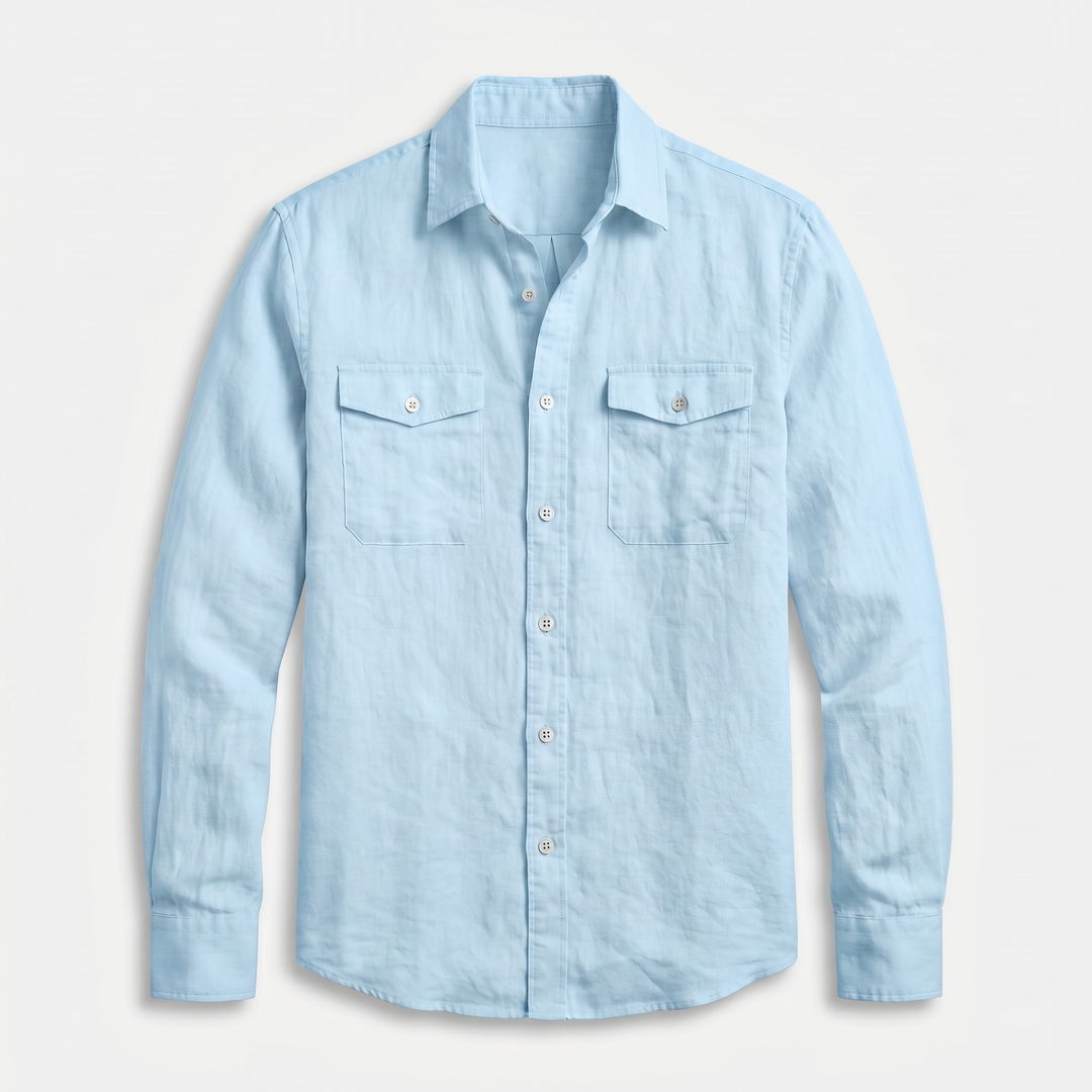 Men's Linen Spread Collar Overshirt with Chest Pockets