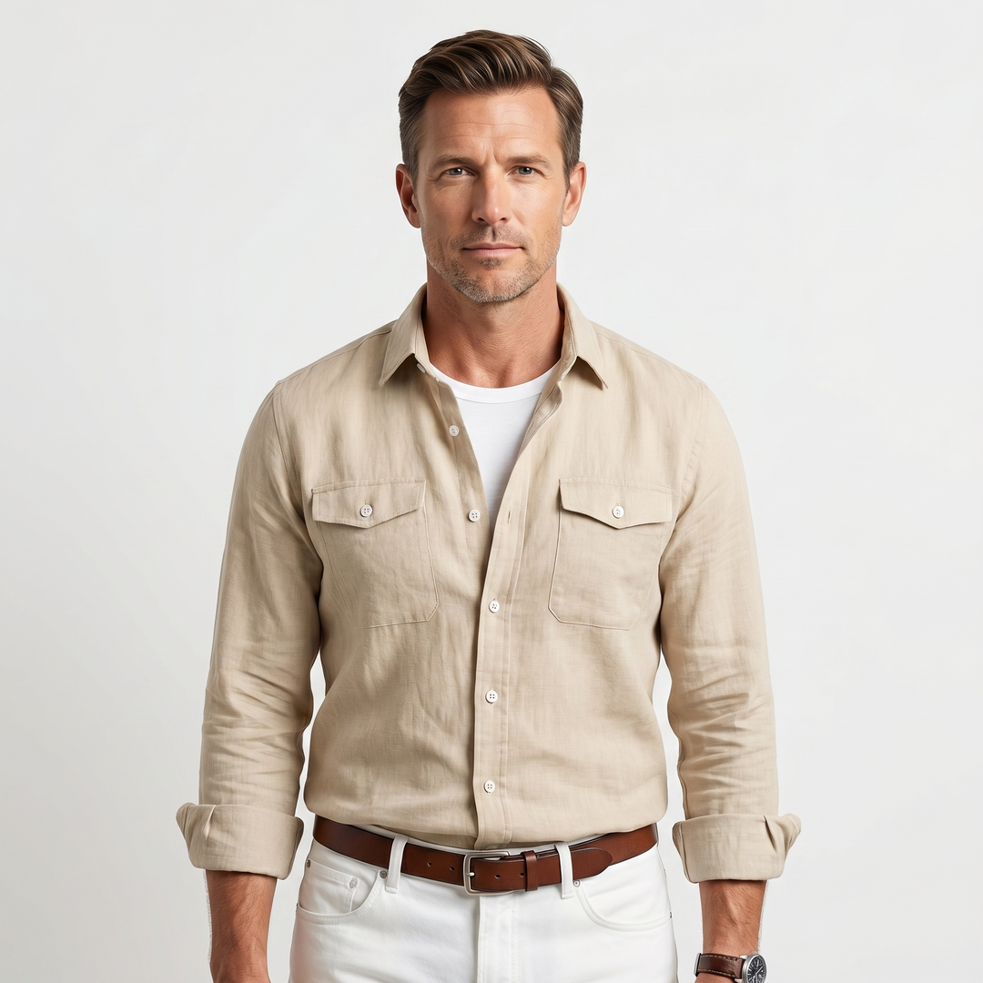 Men's Linen Spread Collar Overshirt with Chest Pockets