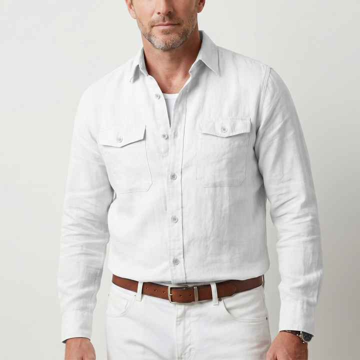 Men's Linen Spread Collar Overshirt with Chest Pockets