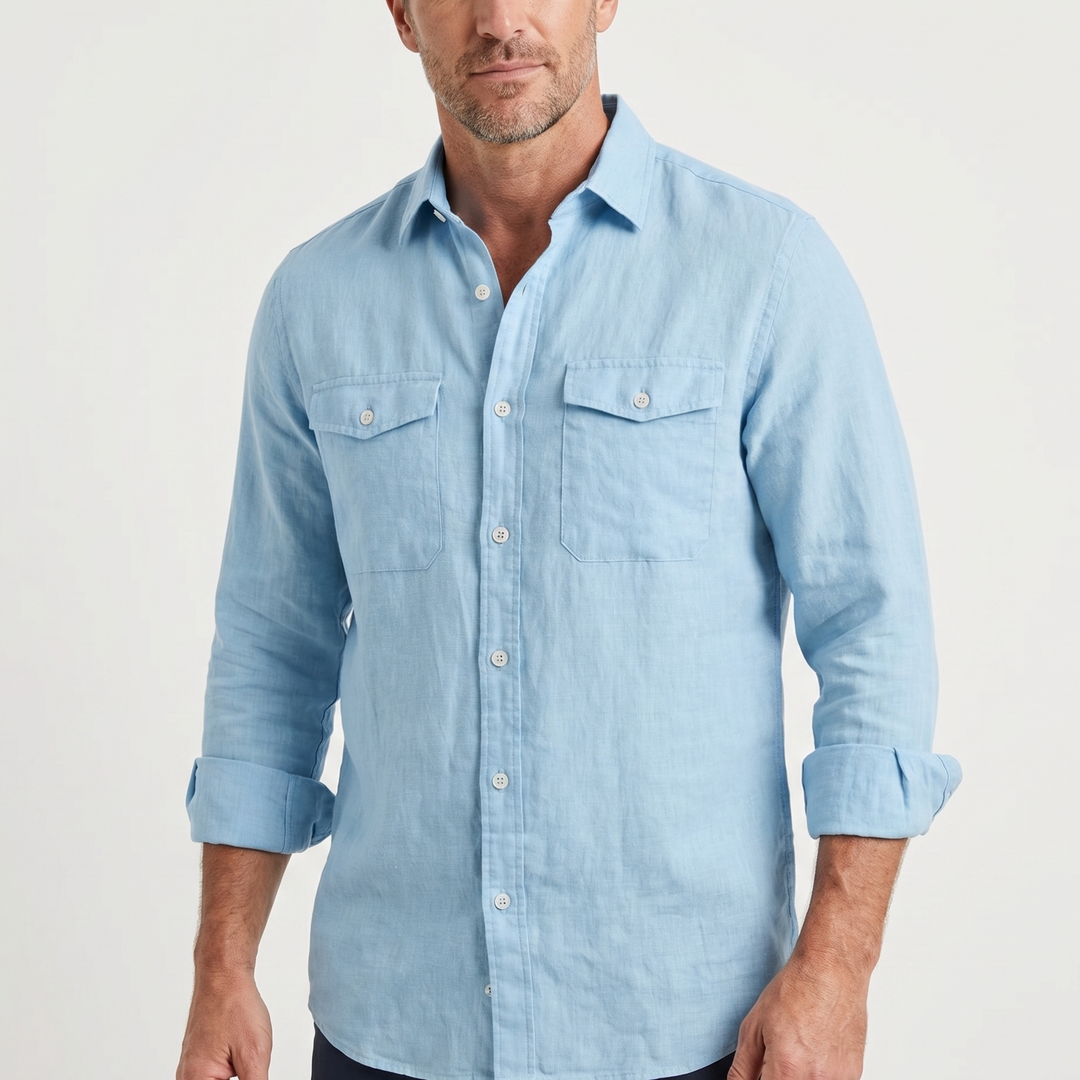 Men's Linen Spread Collar Overshirt with Chest Pockets