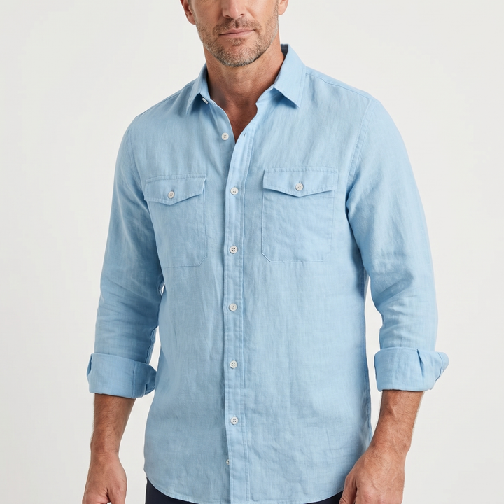 Men's Linen Spread Collar Overshirt with Chest Pockets
