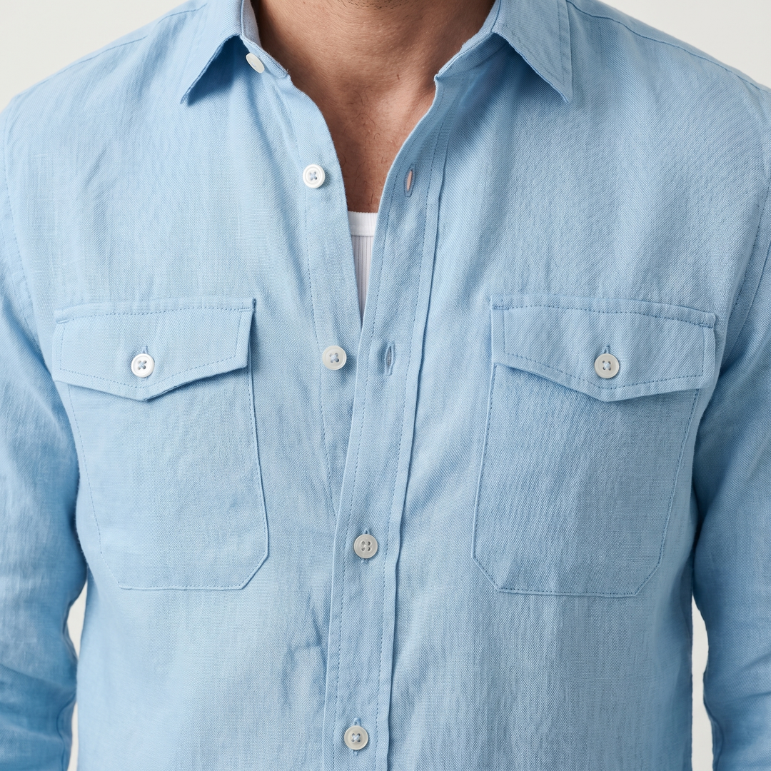 Men's Linen Spread Collar Overshirt with Chest Pockets