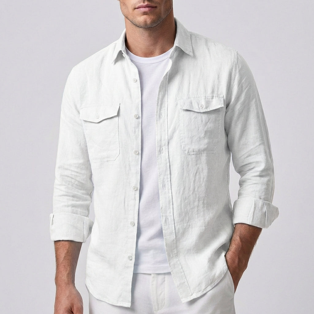 Men's Linen Spread Collar Overshirt with Chest Pockets