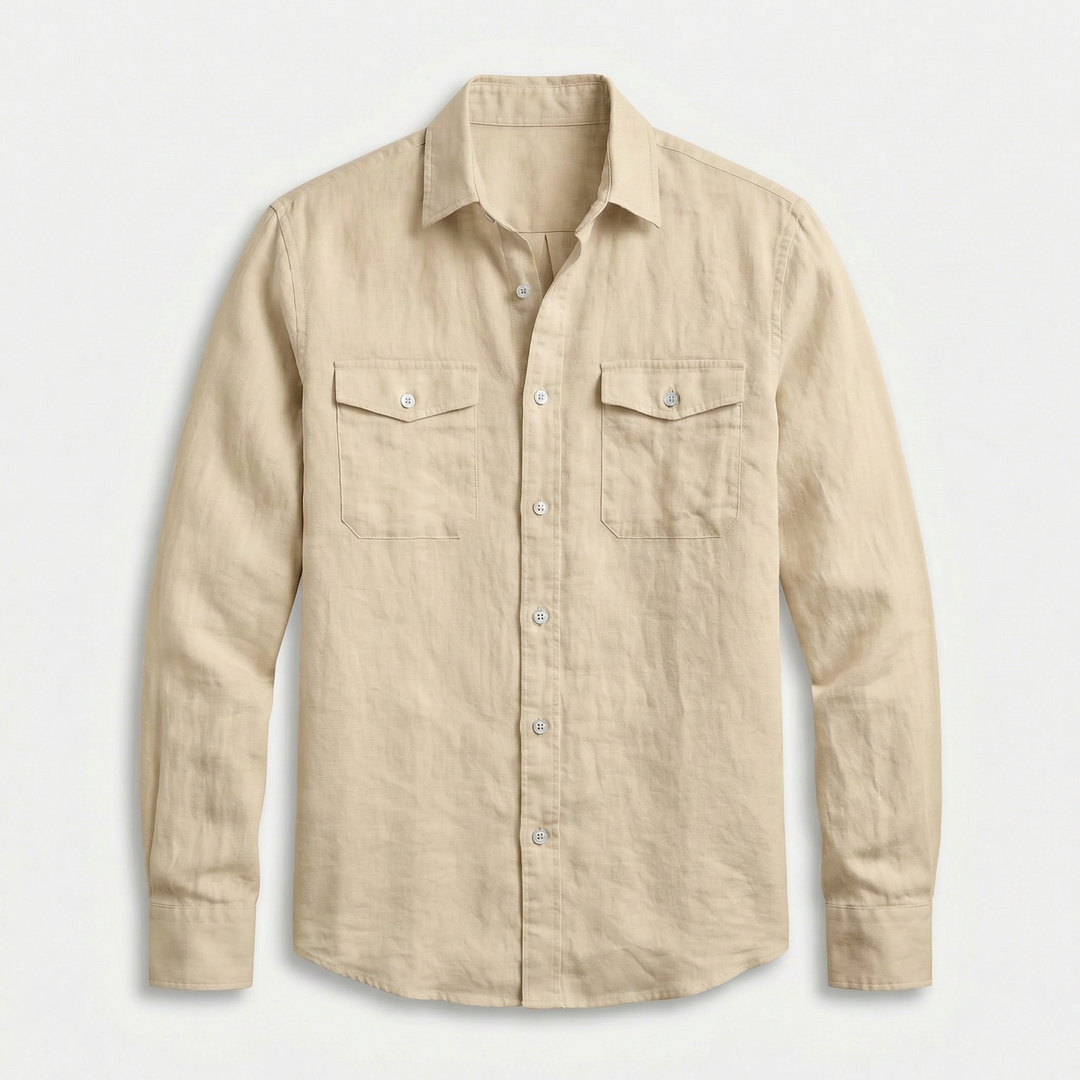 Men's Linen Spread Collar Overshirt with Chest Pockets