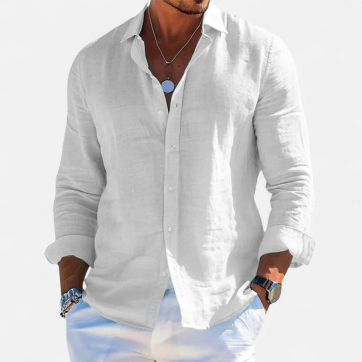 Men's Linen Summer Button-Down Shirt with Roll-Up Sleeves
