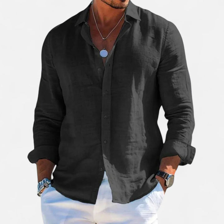 Men's Linen Summer Button-Down Shirt with Roll-Up Sleeves