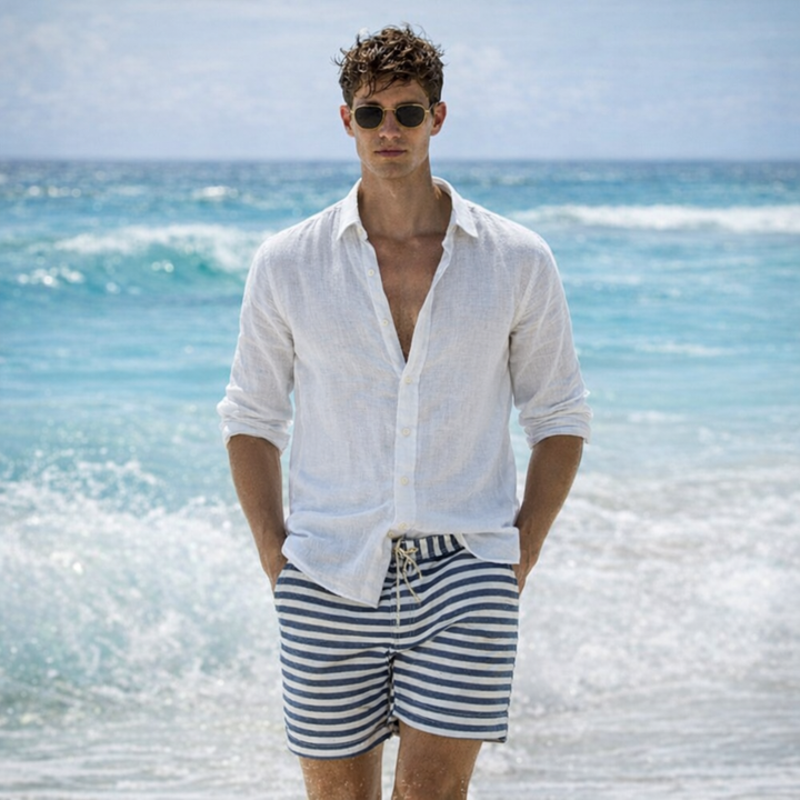 Men's Linen Summer Button-Down Shirt with Roll-Up Sleeves
