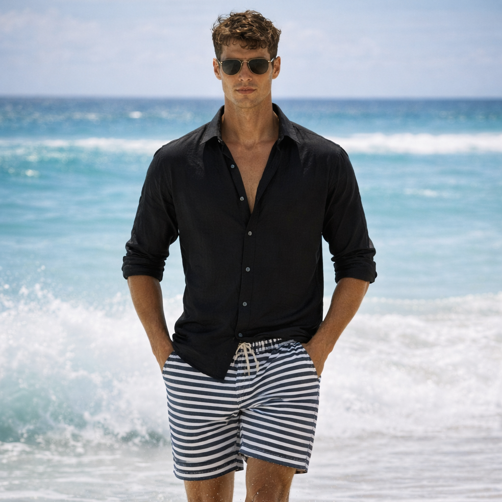 Men's Linen Summer Button-Down Shirt with Roll-Up Sleeves