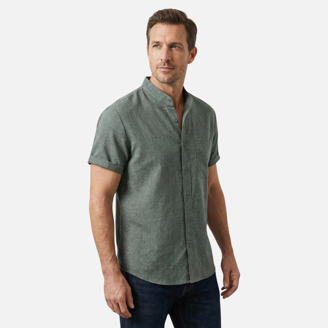 Men's Mandarin Collar Textured Cotton Blend Shirt