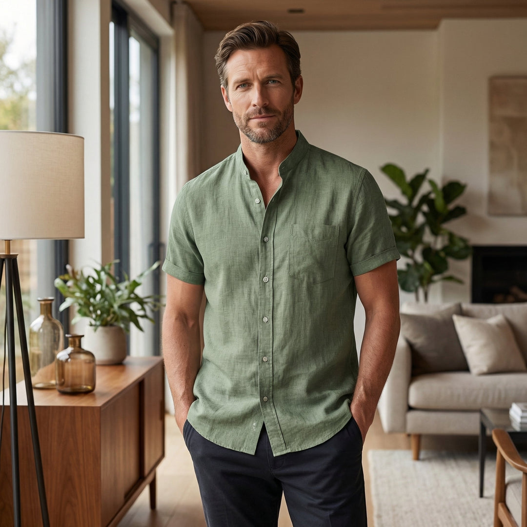 Men's Mandarin Collar Textured Cotton Blend Shirt