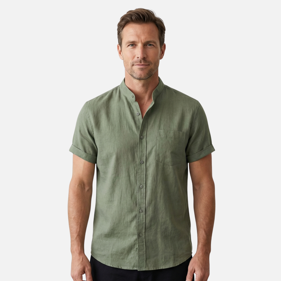 Men's Mandarin Collar Textured Cotton Blend Shirt