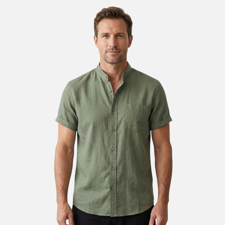Men's Mandarin Collar Textured Cotton Blend Shirt
