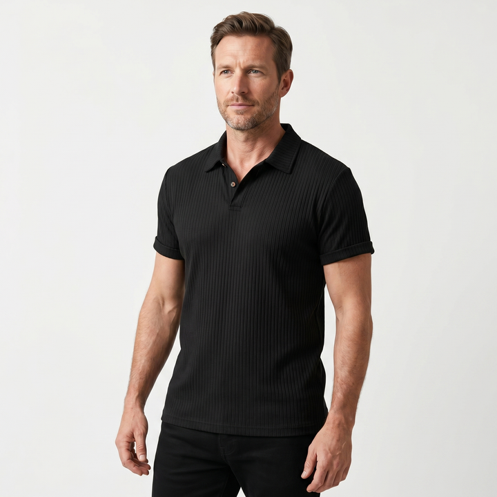 Men's Ribbed Knit Polo Shirt with Button Placket
