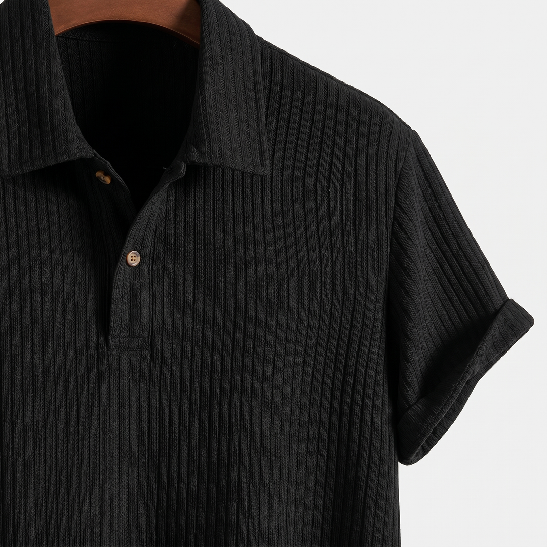 Men's Ribbed Knit Polo Shirt with Button Placket
