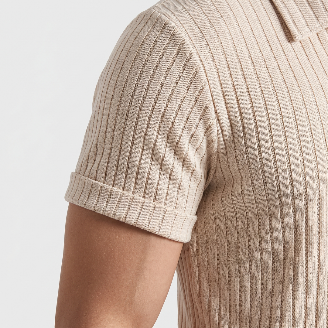 Men's Ribbed Knit Polo Shirt with Button Placket