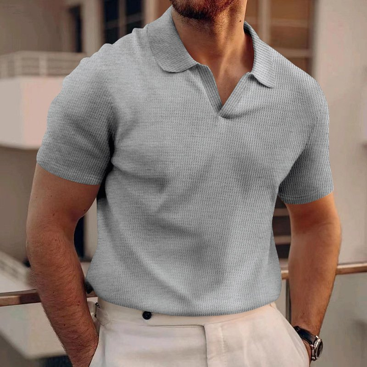 Men's Ribbed Knit Polo Shirt with V-Neck Placket