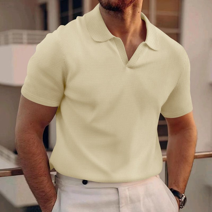 Men's Ribbed Knit Polo Shirt with V-Neck Placket