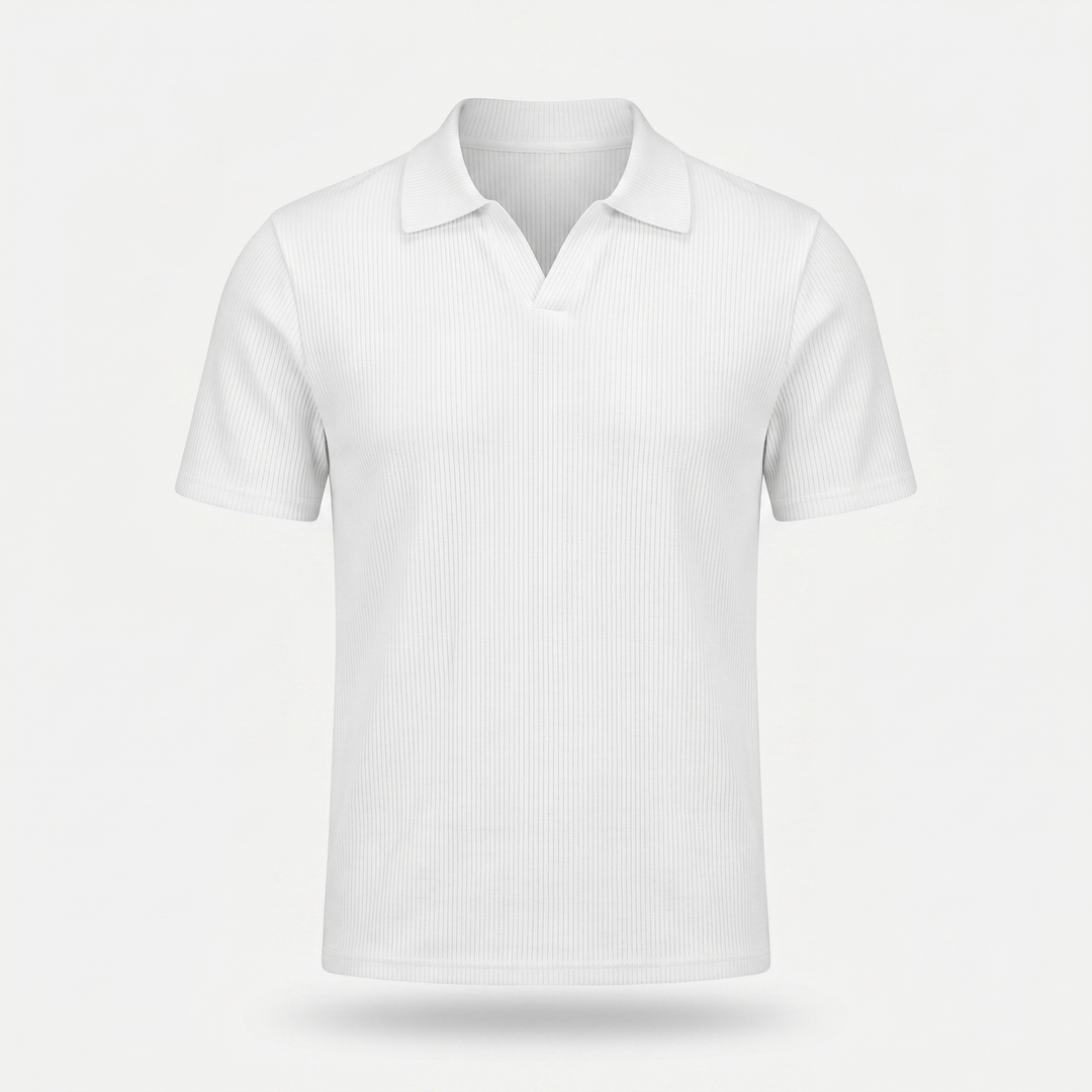 Men's Ribbed Knit Polo Shirt with V-Neck Placket