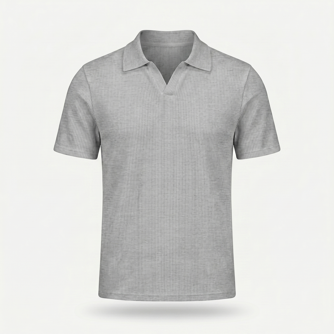 Men's Ribbed Knit Polo Shirt with V-Neck Placket