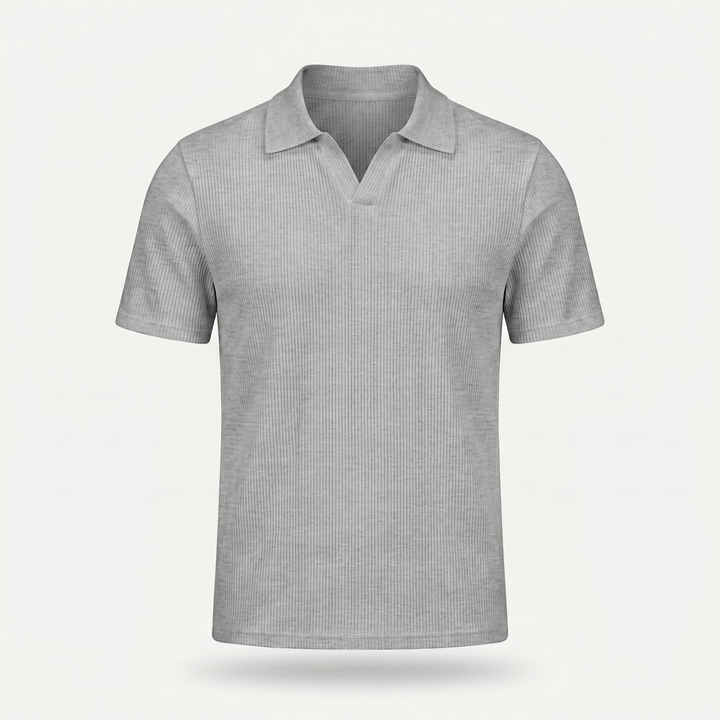 Men's Ribbed Knit Polo Shirt with V-Neck Placket