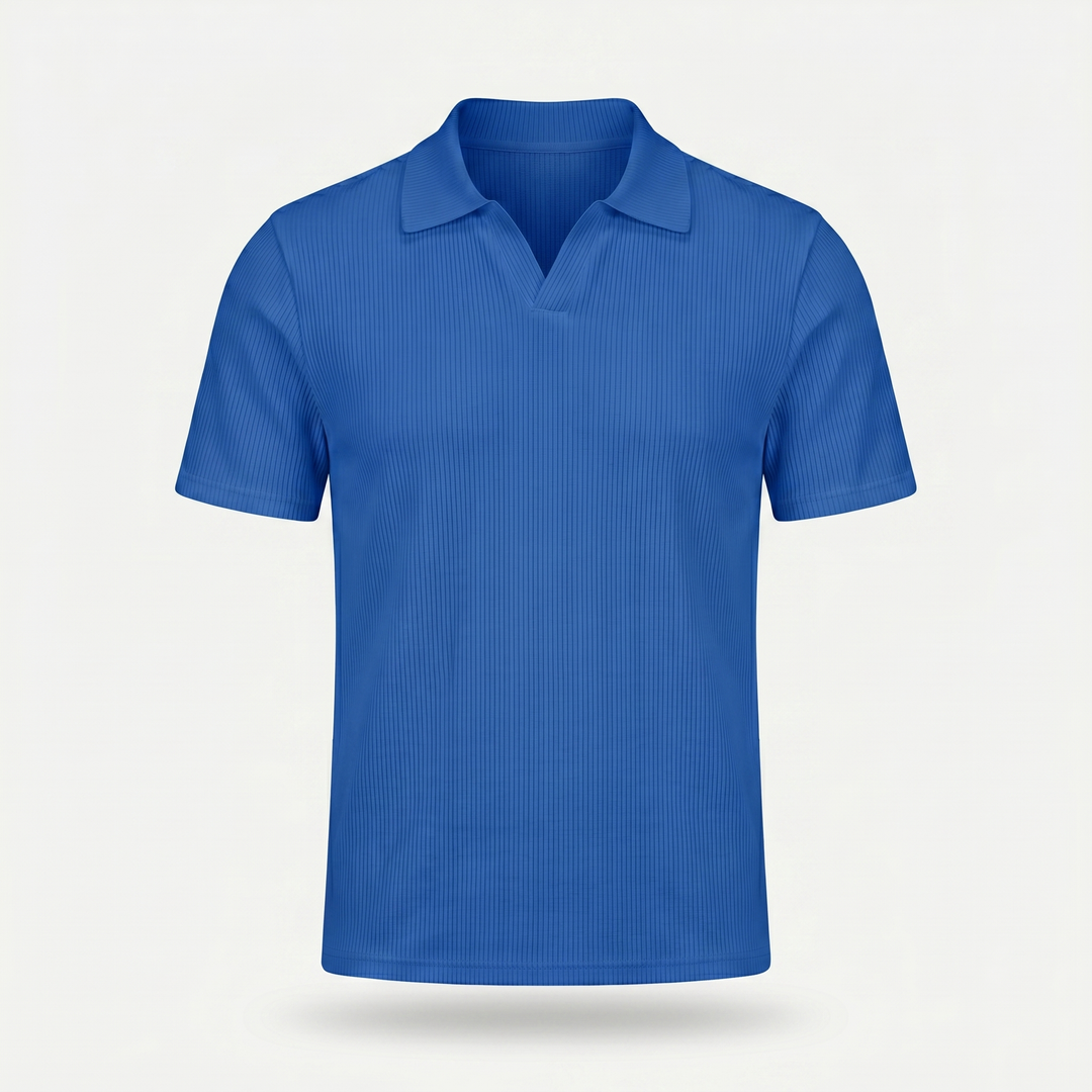 Men's Ribbed Knit Polo Shirt with V-Neck Placket