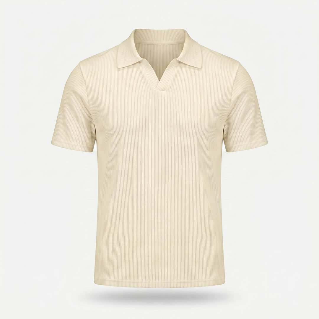 Men's Ribbed Knit Polo Shirt with V-Neck Placket