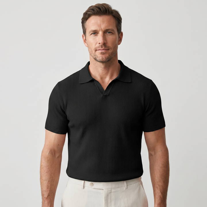 Men's Ribbed Knit Polo Shirt with V-Neck Placket