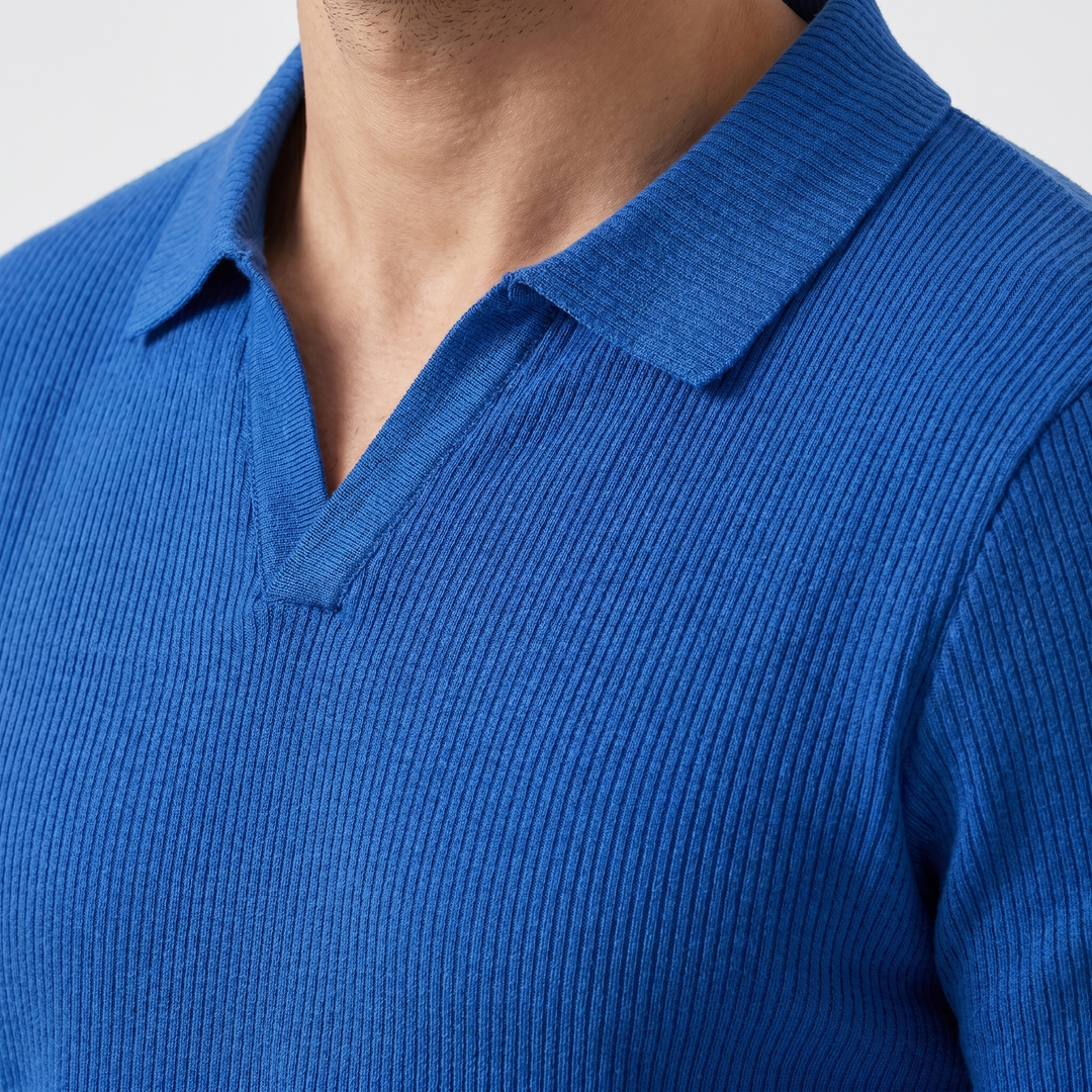 Men's Ribbed Knit Polo Shirt with V-Neck Placket