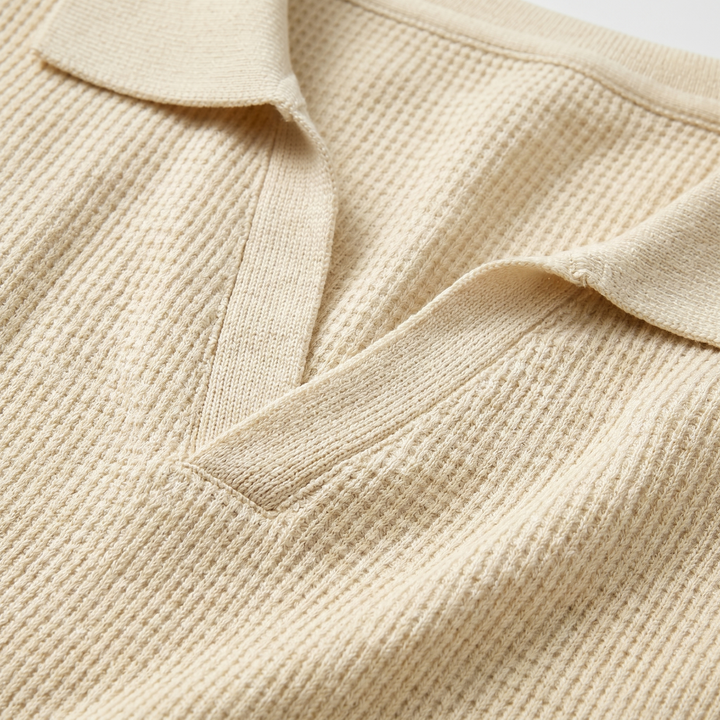 Men's Ribbed Knit Polo Shirt with V-Neck Placket