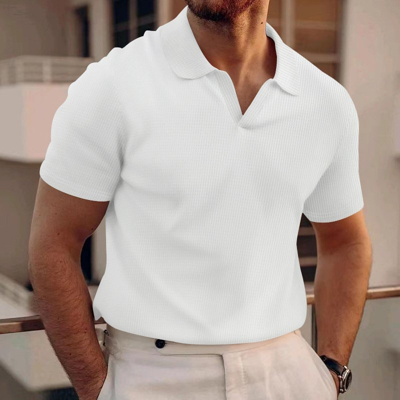 Men's Ribbed Knit Polo Shirt with V-Neck Placket