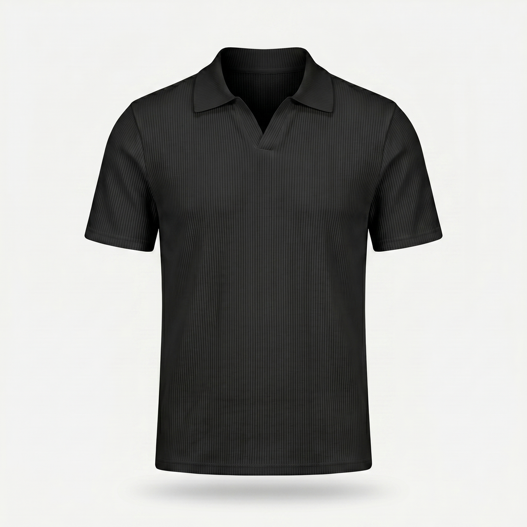 Men's Ribbed Knit Polo Shirt with V-Neck Placket