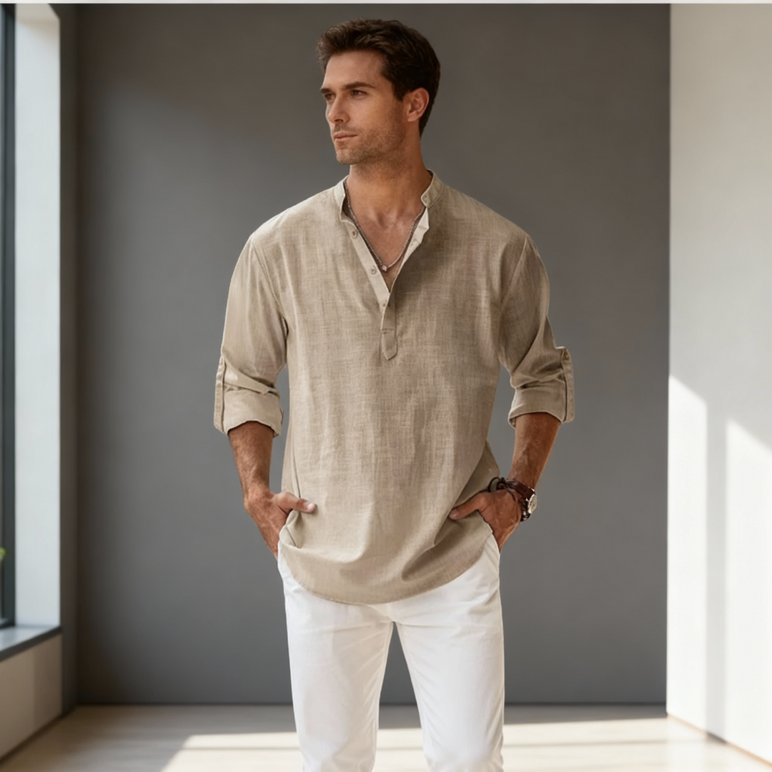 Men's Rolled Cuff Linen Henley Shirt