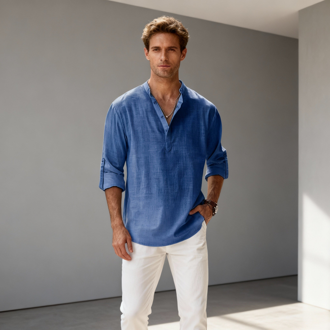 Men's Rolled Cuff Linen Henley Shirt