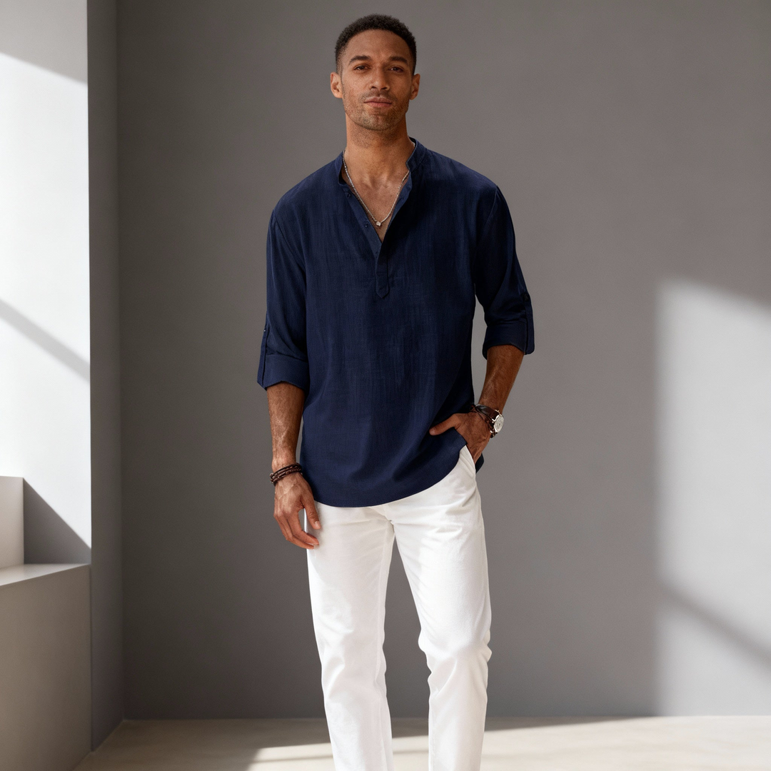 Men's Rolled Cuff Linen Henley Shirt