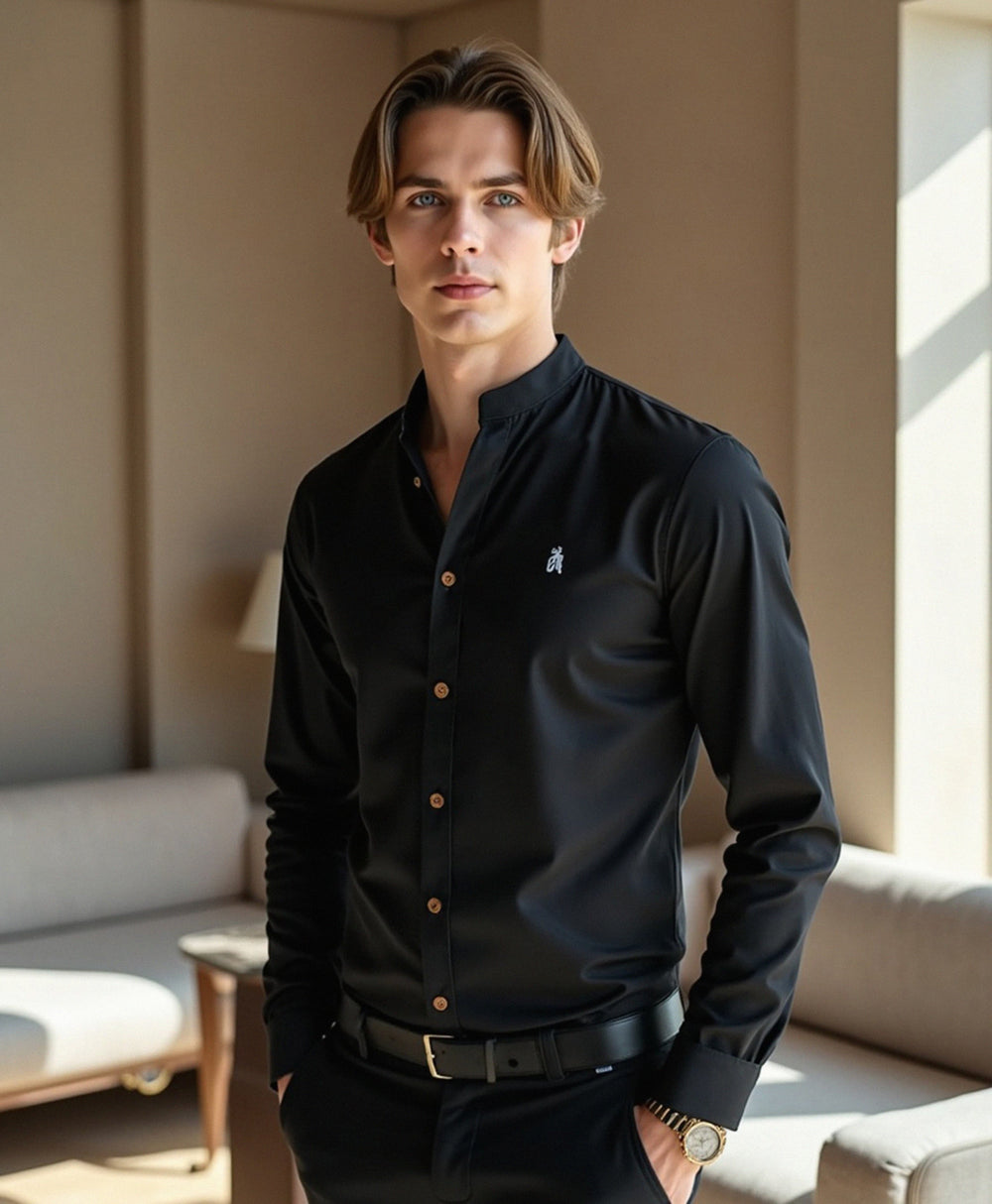Men's Slim Fit Grandad Collar Cotton Shirt