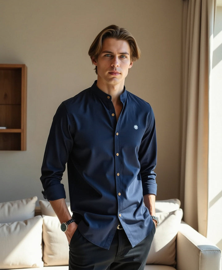 Men's Slim Fit Grandad Collar Cotton Shirt