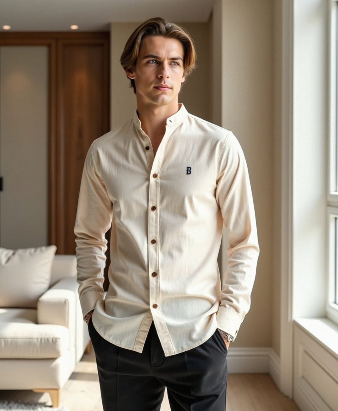Men's Slim Fit Grandad Collar Cotton Shirt