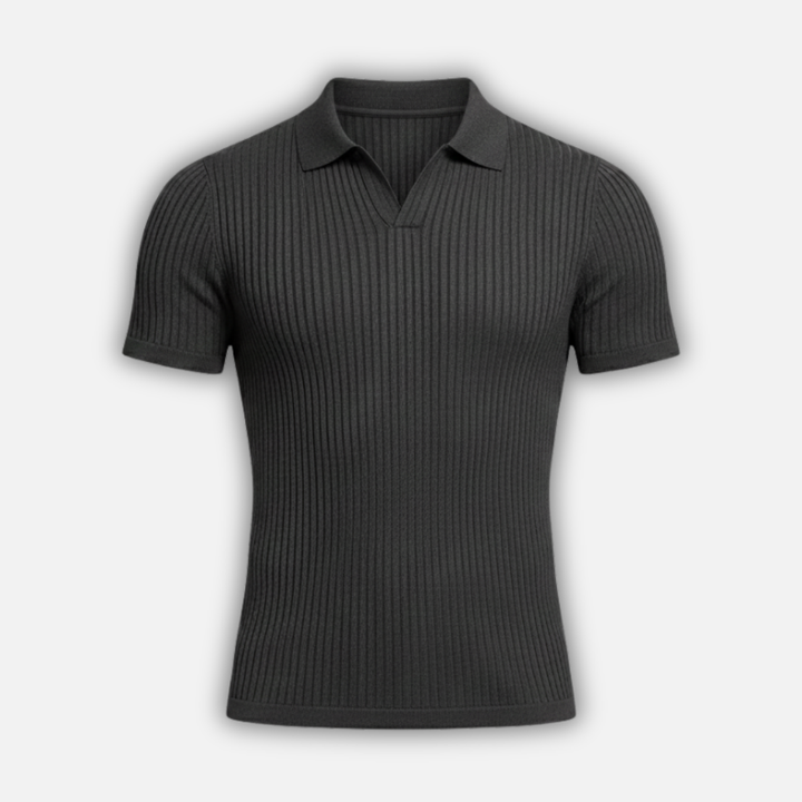 Men's Slim Fit V-Neck Ribbed Polo Shirt with Tailored Collar