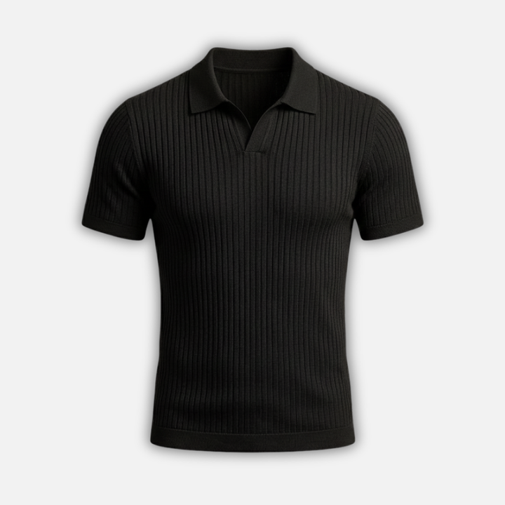 Men's Slim Fit V-Neck Ribbed Polo Shirt with Tailored Collar